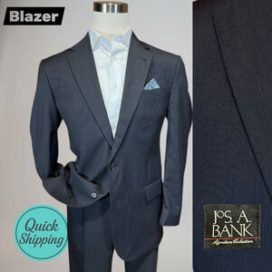 Jos A Bank Signature 42L Navy Blue Ghost Stripe Silk Wool Blazer Suit Jacket
